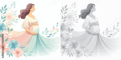 Vector set and shades of gray pregnant women on a white background