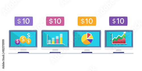 Four computers displaying financial charts and coins with price tags