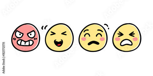 Four cartoon eggs with different facial expressions