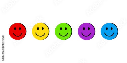 Five hand drawn smiley faces in rainbow colors happy