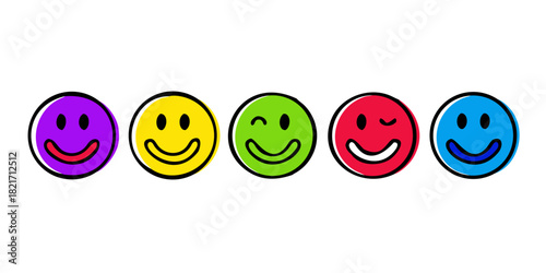 Five hand drawn smiley faces in a row happy emotion