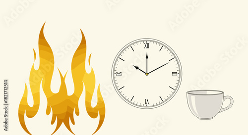 Illustration showing a flame clock and a mug depicted in a simple style