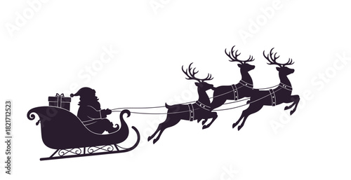Santa claus silhouette in sleigh pulled by reindeer flying through the air