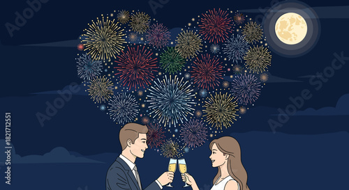 Couple toasting under heart shaped fireworks with moon in the night sky