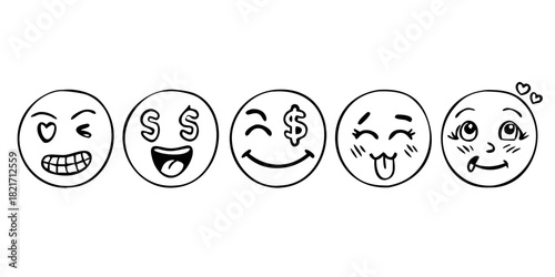 Five Hand Drawn Emoji Faces with Transparent Background
