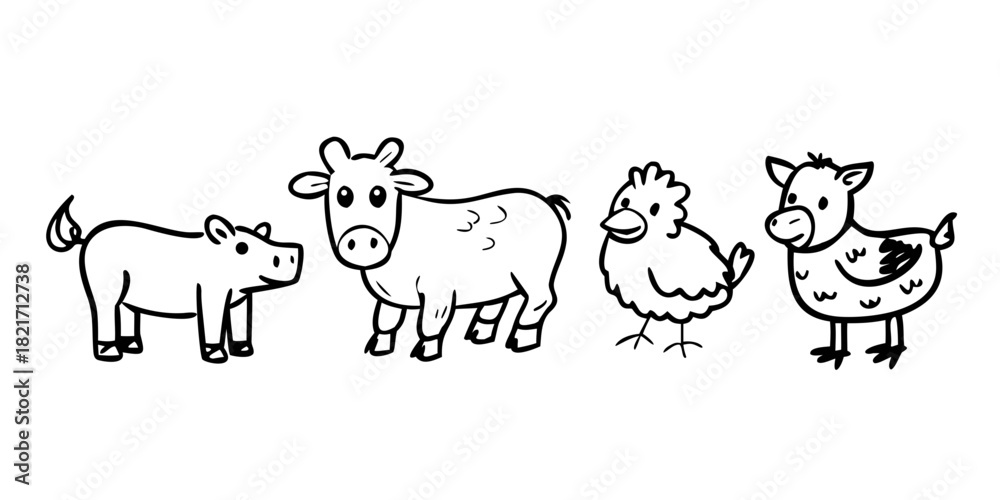 Obraz premium Farm Animals Silhouette Collection White Background