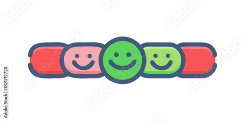 Five cartoon smiley faces in a row on white happy emotion