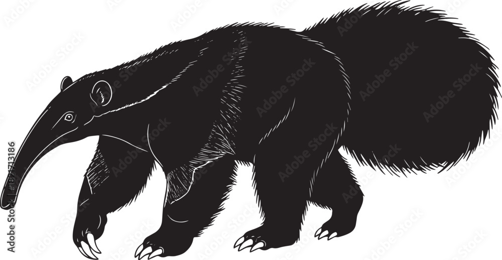 Obraz premium Striking Black and White Silhouette of a Giant Anteater Walking Forward Majestic Wildlife Illustration