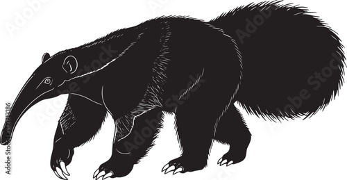 Striking Black and White Silhouette of a Giant Anteater Walking Forward Majestic Wildlife Illustration