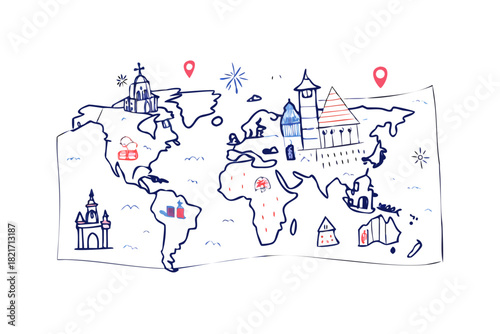 Doodle world map with cute landmarks and pin markers