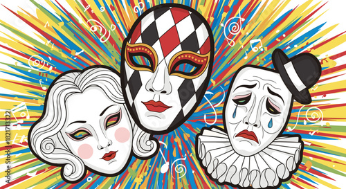 Three theatrical masks with colorful radial burst and musical notes around them