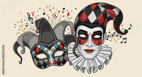 Illustration of a jester mask and face with musical notes and confetti art