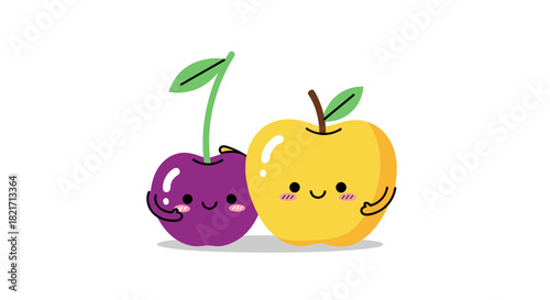 Charming illustration of a happy purple cherry and a yellow apple with cute faces and arms, depicting friendship or companionship.