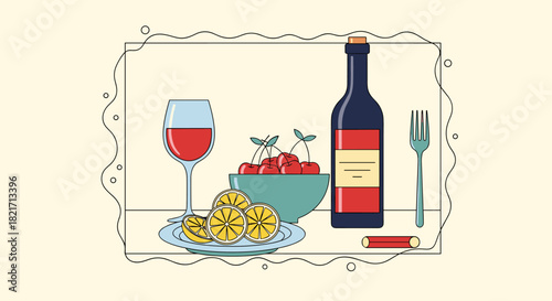A charming flat illustration depicts a refreshing tabletop still life arrangement with red wine, fresh cherries, and bright lemon slices.