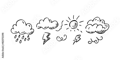 Doodle style sun clouds and rain icons weather
