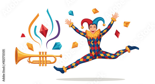 Cartoon jester jumping with trumpet and confetti in a festive celebration