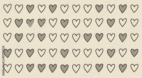 A simple, hand-drawn pattern of grey and outlined hearts on a light background, creating a sweet and repetitive texture.