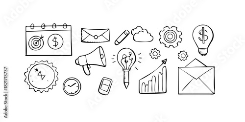 Doodle style office elements black vector set