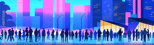 Crowd urban cityscape silhouettes modern people walking futuristic downtown skyscrapers vibrant gradient colors streetlights evening scene