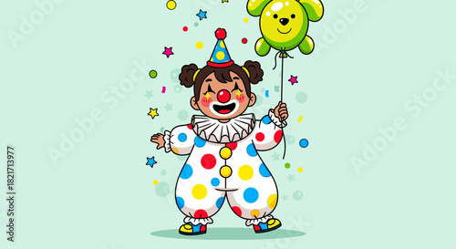 Illustration of a happy clown girl holding a balloon and wearing a costume