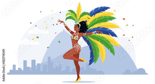 Illustration of a samba dancer with feathers in rio de janeiro skyline