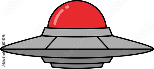 Cartoonish ufo spaceship with grey metallic body and a bright red dome on top for kids