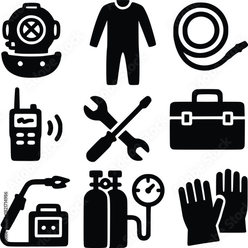 Diving and Construction Tool Icons Set in Black and White Vector Illustration