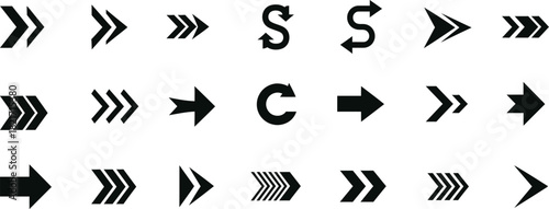 Set of black arrows and directional symbols on white background