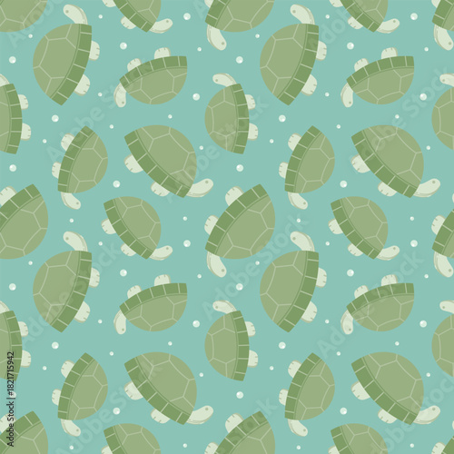 Adorable green turtle seamless pattern with patterned shell. Cyan green background decorated with light green water bubbles for textiles, children's clothing, wrapping paper, posters, merchandise.