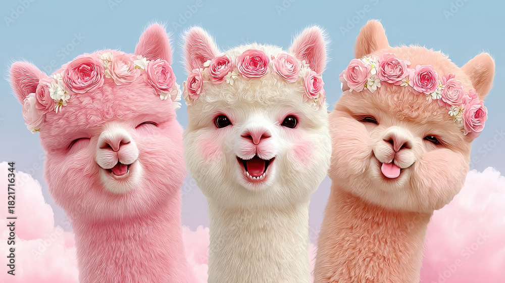 Fototapeta premium Drei niedliche Alpakas mit Rosen-Blumenkranz in Pastellfarben vor zarter Wolkenkulisse 