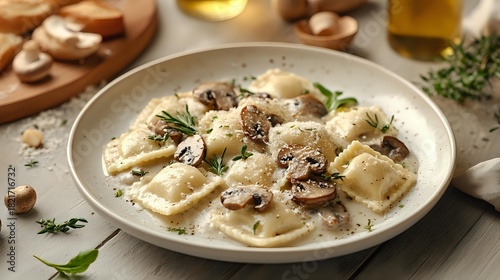 Wallpaper Mural Homemade ravioli pasta with creamy mushroom sauce, fresh herbs and parmesan cheese served in white bowl on rustic wooden table. Torontodigital.ca