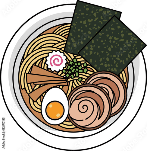 Stylized bowl of ramen illustration featuring traditional toppings and rich broth textures