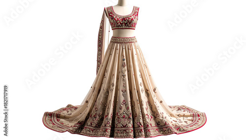 Red Velvet Bridal Lehenga with Embroidery on Mannequin