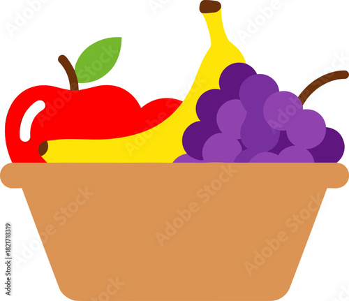Vibrant cartoon fruit arrangement with apple, banana and grapes creating a colorful scene