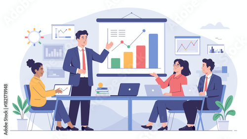 business manager presenting growth charts during a corporate meeting, vector illustration for leadership, strategy planning and team collaboration