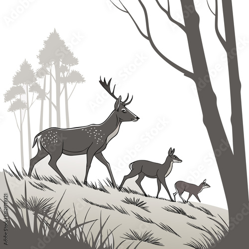 A majestic stag leads its fawn and young deer through a grassy hillside forest landscape