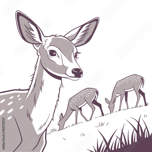 Close up of a fawn looking alert with two other fawns grazing peacefully on a grassy hill