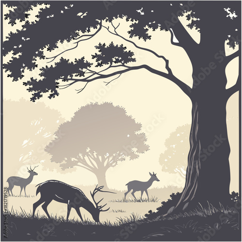Majestic stag grazes in misty forest clearing surrounded by deer and ancient trees