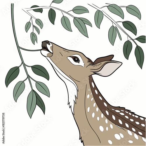 Cute spotted fawn reaching up to eat green leaves from a tree branch in a simple illustration