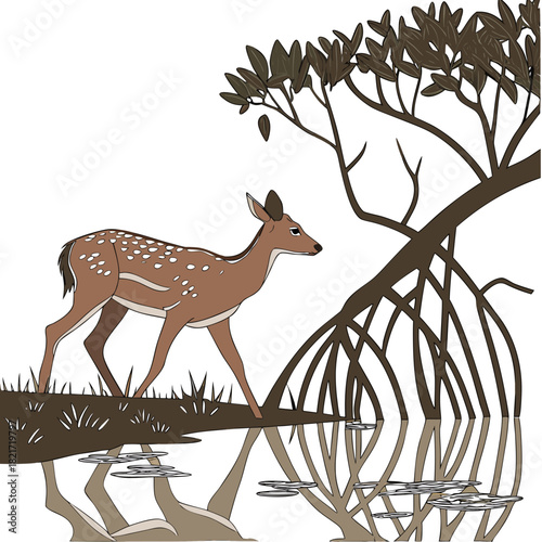 A spotted fawn walks gracefully near the water s edge by a mangrove tree with exposed roots