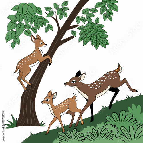 Three adorable spotted fawns playing together near a tree and green bushes in a forest setting