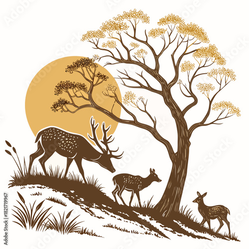 Majestic stag and fawns grazing on a hillside beneath a large golden sun and autumn tree