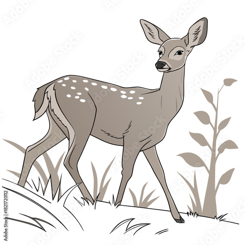 Adorable cartoon fawn with white spots walking through tall grass and plants in a simple illustration style