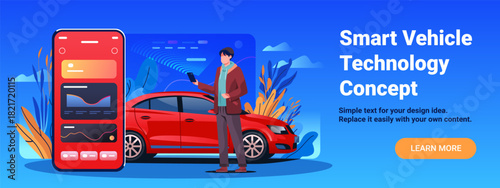 Smart vehicle technology concept man using smartphone controls red car digital dashboard modern interface blue background web banner