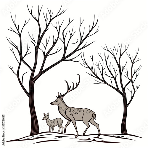 Majestic stag and fawn walking together through a snowy winter forest landscape