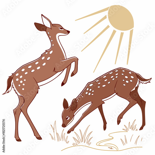 Two adorable spotted fawns playing in the sunlit meadow with grass and a small stream