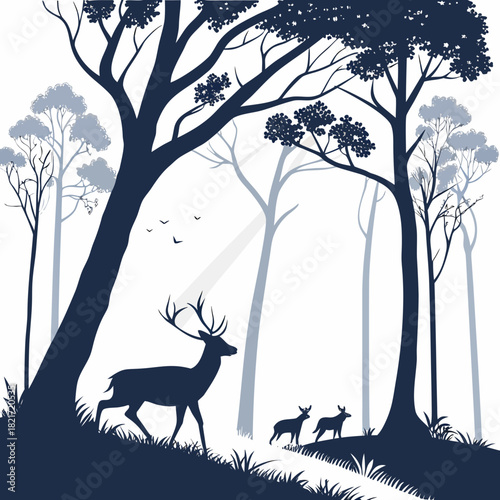 Majestic stag leads two fawns through a misty forest with sunlight rays and flying birds