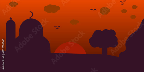  Landscape, sunset scene in nature with mountains and forest, silhouettes of trees and hills in the evening