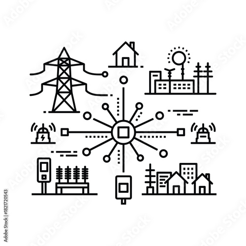 Smart grid concept with central hub connecting power infrastructure