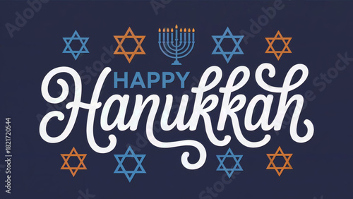 Celebrate Hanukkah with festive menorah and Star of David graphics on a deep blue background